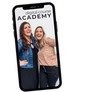 Amy Porterfield and Jamie Trull smiling together inside a smartphone mockup promoting Digital Course Academy. This image represents the power of online marketing and the ability to build and sell your own online courses with expert guidance.
