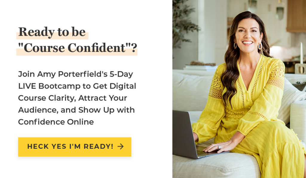 Amy Porterfield smiles from her couch in a yellow dress! Waiting for the "right time" to create online courses can hinder growth. The best time to start is now and you can build your email list concurrently with creating your course.