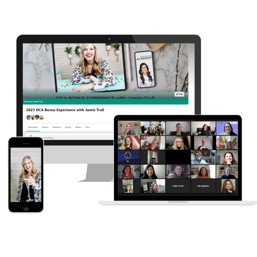 Collage of digital devices showing Jamie Trull’s 2023 DCA Bonus Experience, including a private online group, live video call, and bonus content. This visual represents the exclusive Jamie Trull affiliate bonuses for DCA, offered to Digital Course Academy enrollees who sign up using Jamie's Affiliate Link.