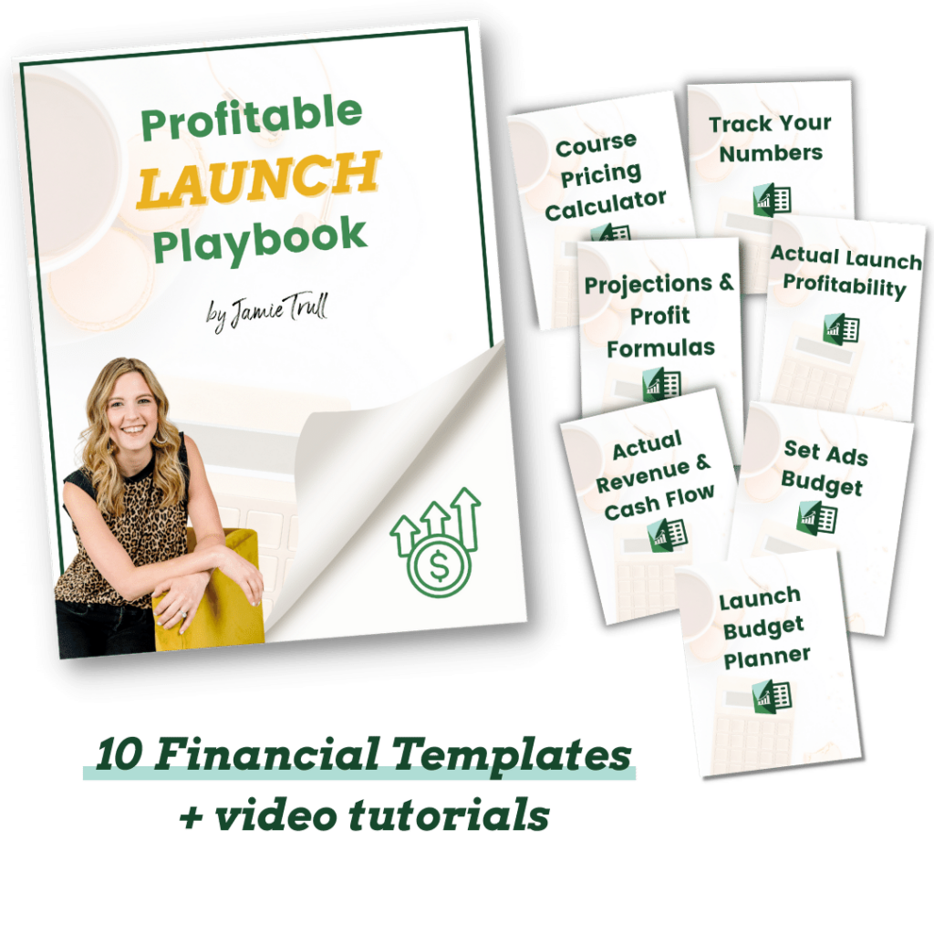 Promotional graphic for the Profitable Launch Playbook by Jamie Trull, featuring Jamie Trull smiling, a mockup of the playbook cover, and financial templates like course pricing calculator, projections, and ad budget tools. This resource supports students and affiliates of the Digital Course Academy DCA and is often featured in related affiliate program promotions