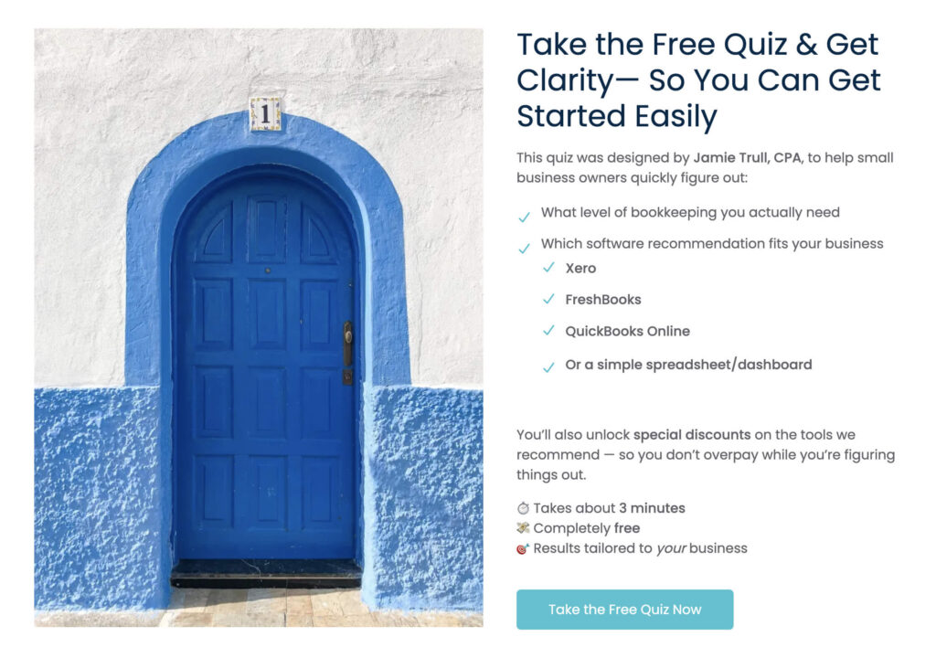 A promotional graphic for a free bookkeeping quiz by Jamie Trull, CPA. The image features a vibrant blue arched door in a white wall alongside text offering clarity on bookkeeping levels and software recommendations like Xero, FreshBooks, and QuickBooks Online. It highlights that the quiz takes 3 minutes and provides results tailored to your business.