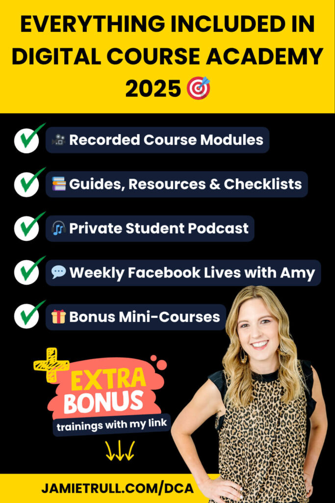 Promotional graphic listing everything included in Digital Course Academy 2025. Features checkmarks next to benefits like recorded modules, guides, a private podcast, Facebook Lives, and bonus mini-courses. A large bonus section promotes extra trainings through Jamie Trull’s affiliate link. Jamie Trull is smiling in a leopard-print top at the bottom right of the image. The URL jamietrull.com/DCA is highlighted at the bottom.
