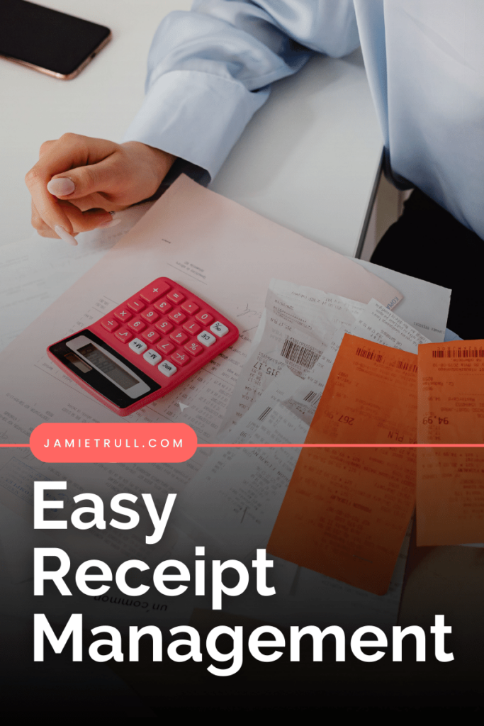 A person staring at a stack of receipts and a pink calculator. She could be using a smartphone to scan a receipt for digital storage and expense tracking.