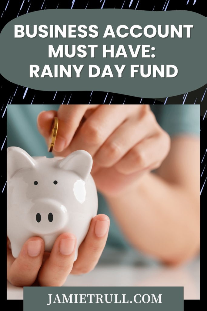 An image of a woman putting coins in a piggy bank, representing a  "Rainy Day Fund." Light raindrops representing a safety net for unexpected expenses.