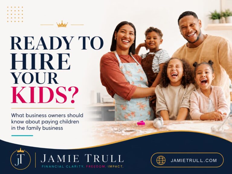 Family smiling together in a kitchen with Jamie Trull branding and the headline “Ready to Hire Your Kids?”