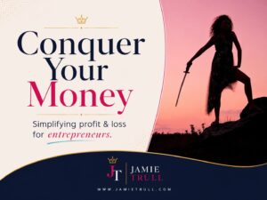 Silhouette of a person holding a walking stick against a vibrant pink sunset background with the bold text 'Conquer Your Money: Simplifying Profit & Loss for Entrepreneurs!