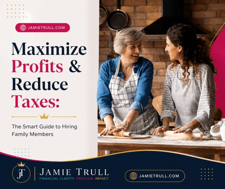Two women working together in a family business kitchen with Jamie Trull branding and the headline “Maximize Profits & Reduce Taxes.”
