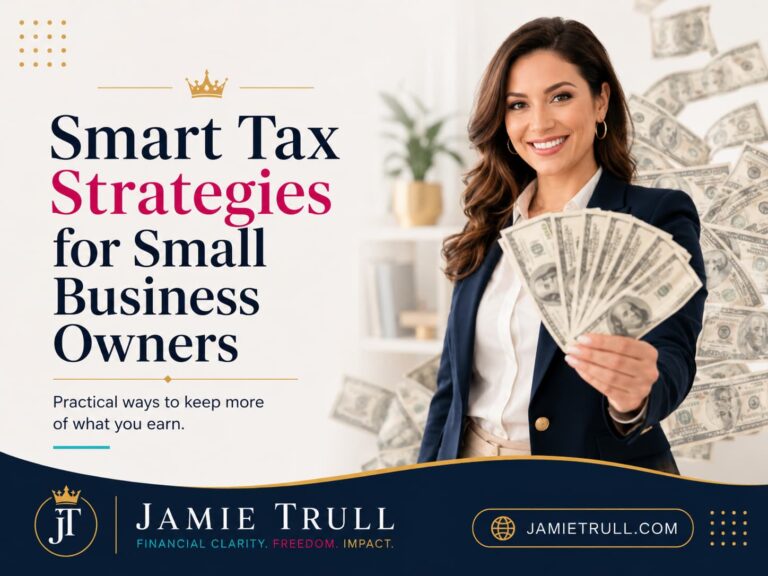 Businesswoman holding cash and the headline “Smart Tax Strategies for Small Business Owners.”