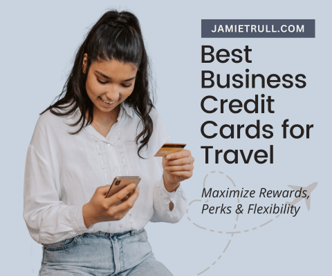 A woman holding a credit card and smartphone, smiling while reviewing account details—symbolizing account opening and exploring multiple additional point bonuses for business travel rewards.