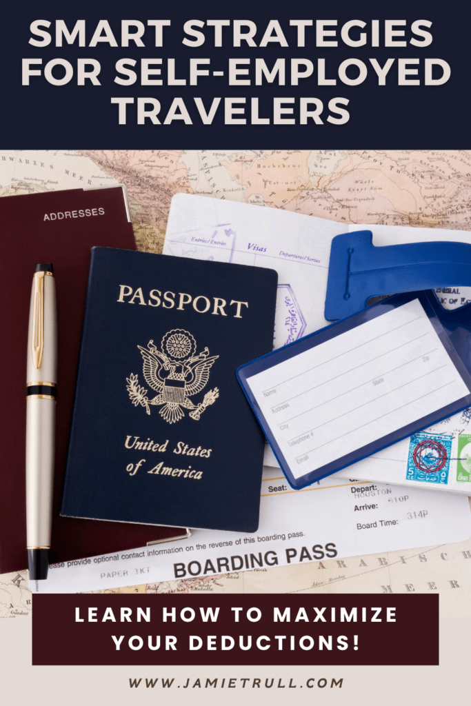 Flat lay of a U.S. passport, pen, boarding pass, address book, and travel documents on a map, representing deductible travel expenses and services related to self-employed business trips and expenses related to maximizing tax deductions.