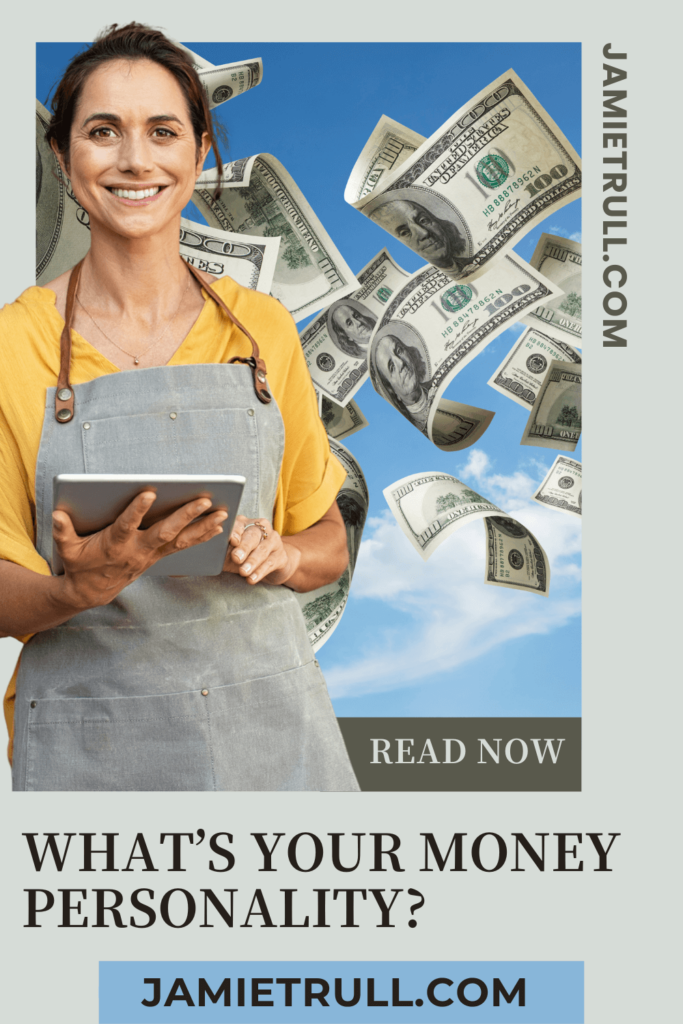 Confident woman in a yellow top and gray apron holding a tablet, with flying hundred-dollar bills in the background and text that says "What’s Your Money Personality?" promoting a quiz on jamietrull.com.