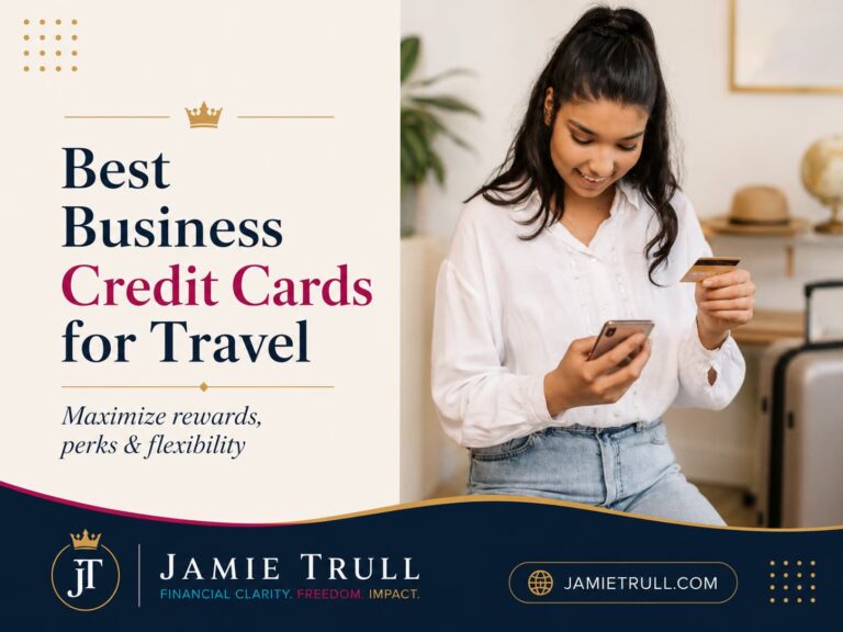 Business owner holding a credit card and phone and the headline “Best Business Credit Cards for Travel.”