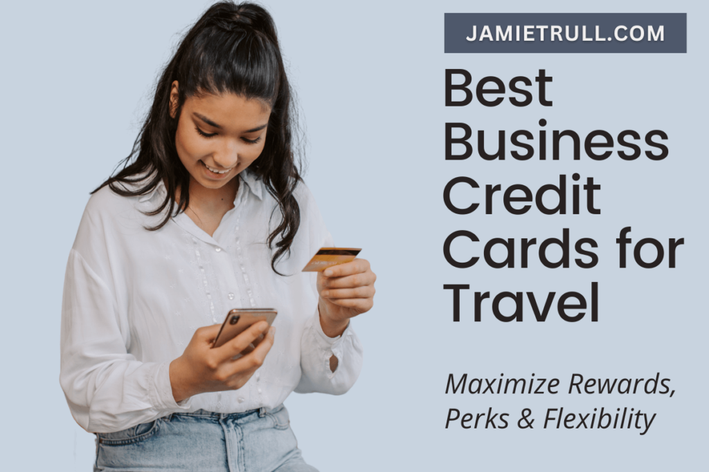 A woman holding a credit card and smartphone, smiling while reviewing account details—symbolizing account opening and exploring multiple additional point bonuses for business travel rewards.