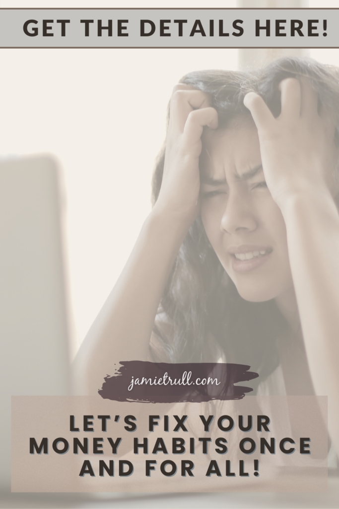 Frustrated woman at computer feeling overwhelmed by day-to-day spending and making impulse purchases, with a call to fix money habits.