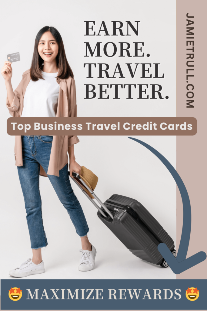 A smiling woman holding a credit card and pulling a suitcase, ready for a business trip—representing how business travelers can earn rewards on eligible purchases made during their trips.