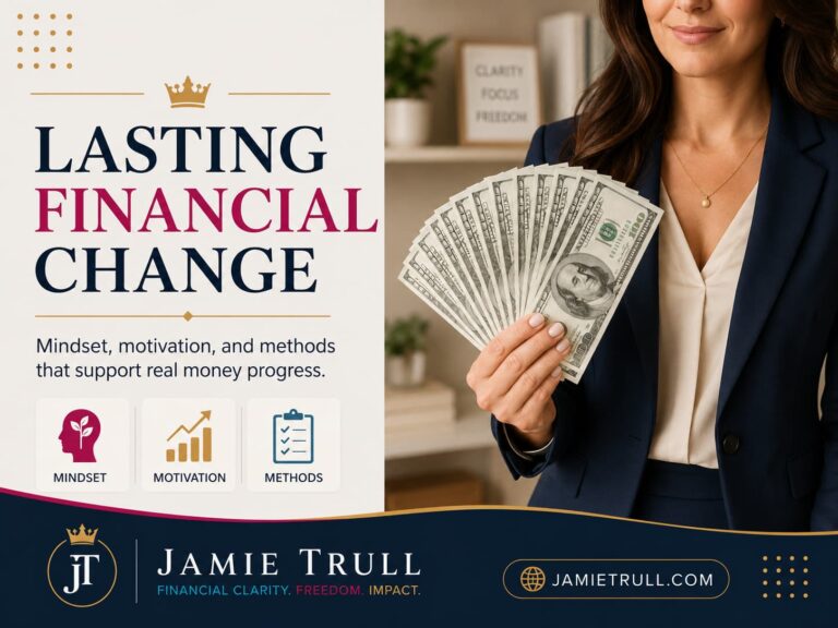 Cash held in front of mindset, motivation, and methods visuals from Jamie Trull and the headline “Lasting Financial Change.”
