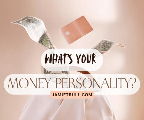 Stylized image of a flowing white fabric with cash and a rose gold credit card floating above it, overlaid with the question "What’s Your Money Personality?" and a link to jamietrull.com