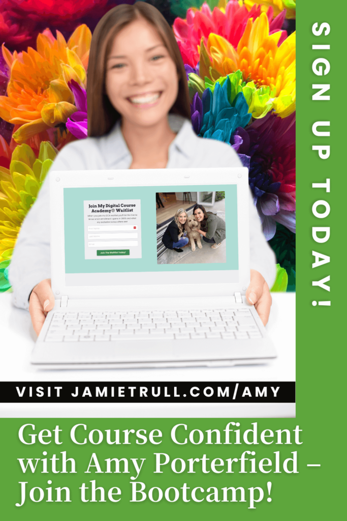 A confident woman in business attire stands tall on an open book, surrounded by towering stacks of books, pointing forward with determination. The bold headline reads “Crush Self-Doubt & Launch Your Digital Course,” symbolizing empowerment through digital transformation and knowledge sharing via online education.