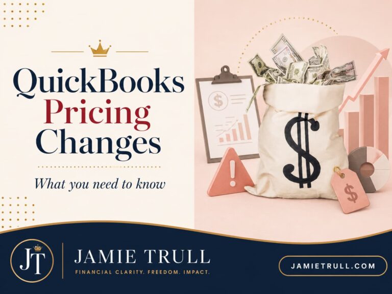 A digital illustration of the QuickBooks logo split into two parts. The left side transitions into a cloud shape with connected nodes, symbolizing cloud technology and AI. The right side fades to gray with warning icons, representing shutdown or caution. A red price tag hangs on the right side. The background is a soft pink, and bold text at the top reads 'QuickBooks Pricing Changes.'