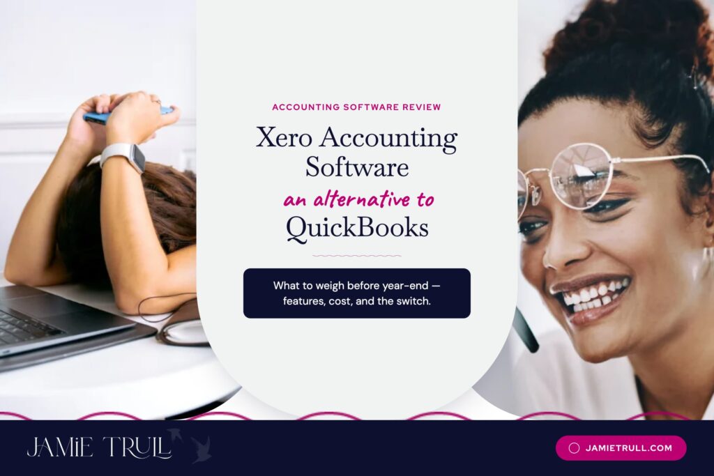 Woman working on a desktop computer, overwhelmed by quickbooks and another woman smiling using the Xero accounting software and text that says "Stay organized with Xero tags," representing tools for improving cash flow and reconciling bank transactions.