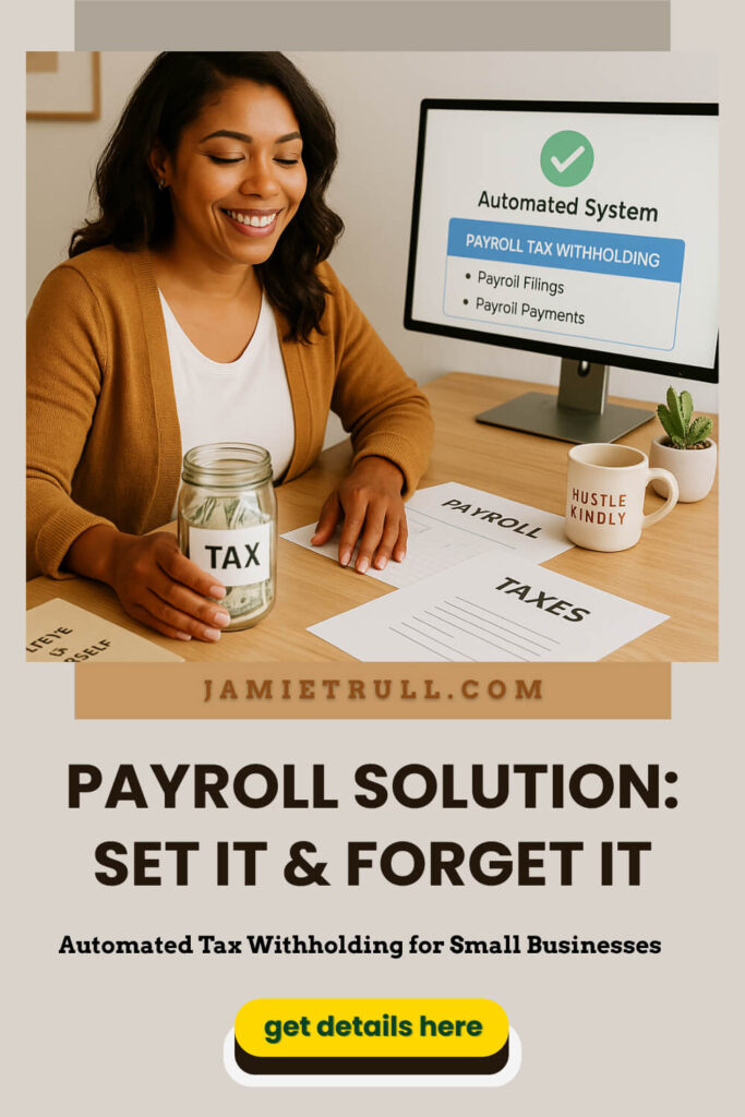 Smiling woman at her desk sets aside money for tax payments with a “TAX” jar, while a computer screen displays an automated payroll tax withholding system. Papers labeled “PAYROLL” and “TAXES” highlight easy service agreement setup and stress-free tax payments—automated in just a few clicks.