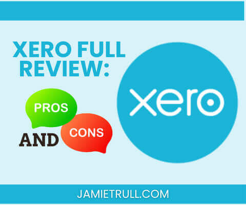 Xero full review graphic with Xero logo and speech bubbles for pros and cons, highlighting how Xero helps manage unexpected expenses, set financial goals, and track variable costs.