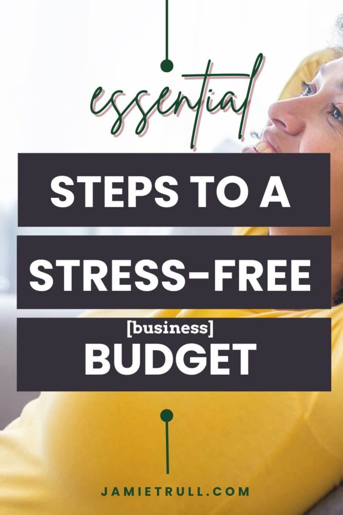 Smiling woman relaxing with overlay text: “Essential Steps to a Stress-Free [Business] Budget.” Image highlights managing fixed expenses, creating an operating budget, and building a successful business.