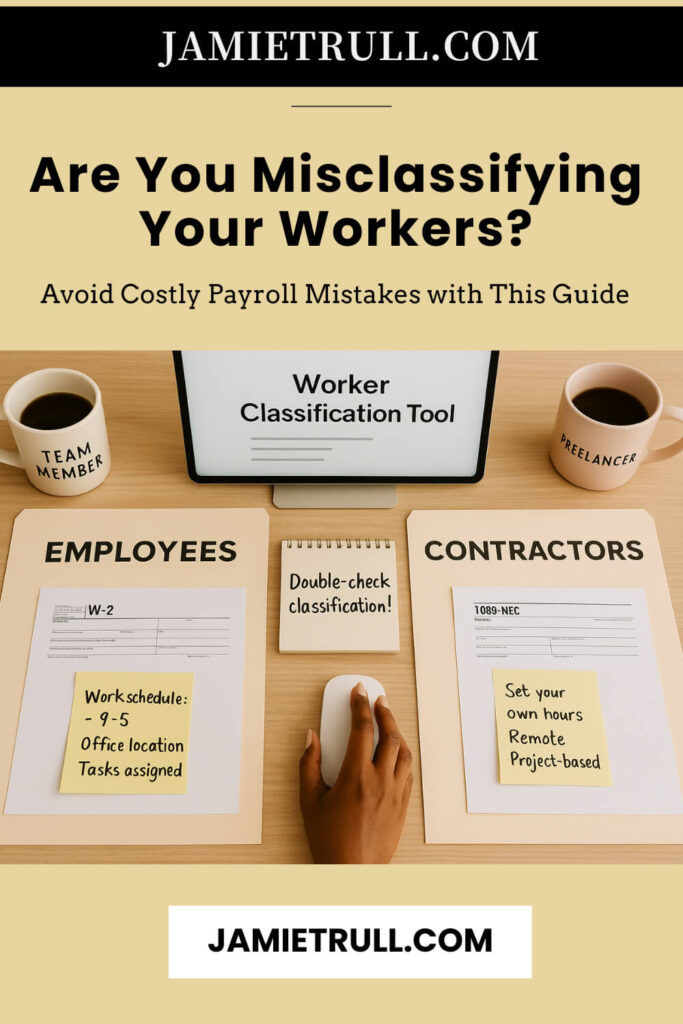 Desk setup comparing employees and contractors with folders, coffee mugs, and a computer displaying a worker classification tool. Text overlay asks, “Are You Misclassifying Your Workers?” highlighting common HR and payroll issues and how switching to an automatic payroll system or a new current payroll provider can help avoid costly mistakes.