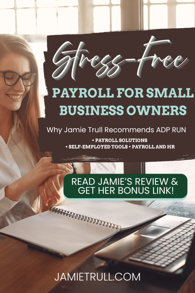 Smiling woman business owner using a laptop and notebook, promoting Jamie Trull’s review of ADP RUN — a payroll solution used by many small companies and employers. Ideal for businesses that currently use ADP, need workers compensation support, or are comparing options for their company or employer currently managing payroll.