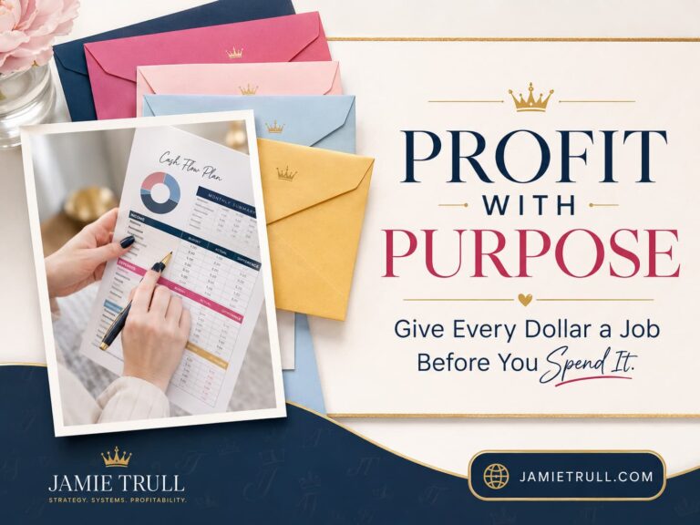 Blog header for Profit with Purpose showing cash envelopes and a cash flow worksheet to help business owners give every dollar a job before spending it.