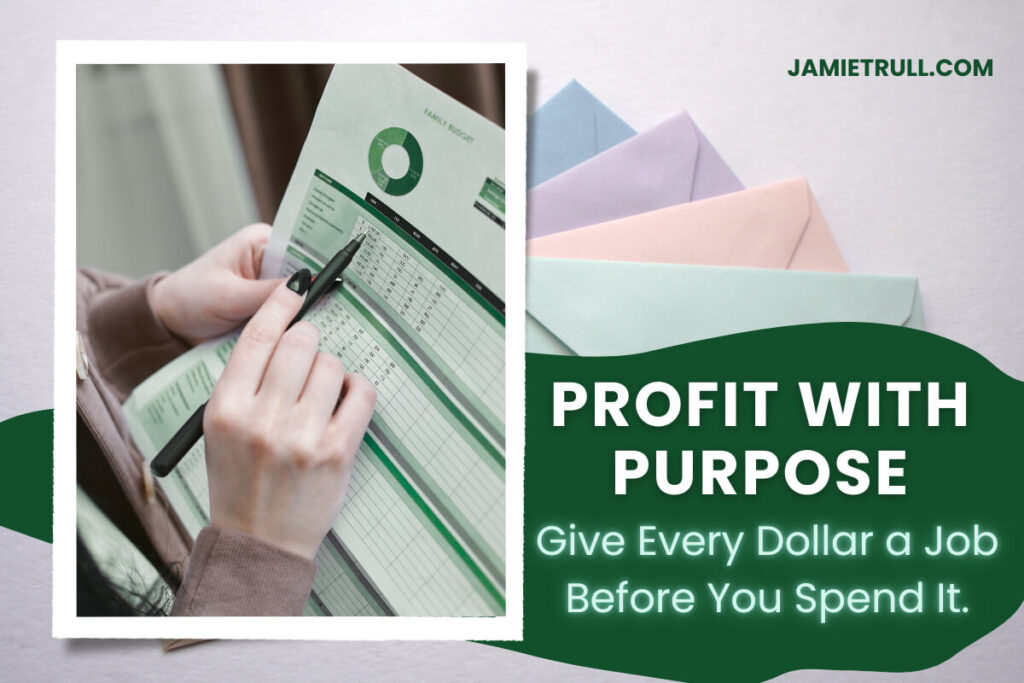 A person points to a printed budget spreadsheet with a pen, surrounded by pastel-colored envelopes. Text on the image reads: “Profit with Purpose. Give Every Dollar a Job Before You Spend It.” The scene visually represents business budgeting strategies like proposition budgeting and incremental budgeting, emphasizing the importance of assigning each dollar a specific purpose for better financial management.