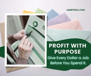A person points to a printed budget spreadsheet with a pen, surrounded by pastel-colored envelopes. Text on the image reads: “Profit with Purpose. Give Every Dollar a Job Before You Spend It.” The scene visually represents business budgeting strategies like proposition budgeting and incremental budgeting, emphasizing the importance of assigning each dollar a specific purpose for better financial management.