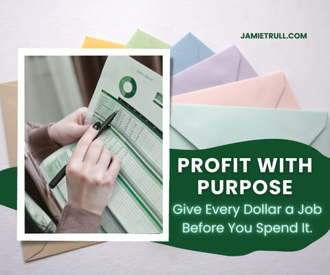 A person points to a printed budget spreadsheet with a pen, surrounded by pastel-colored envelopes. Text on the image reads: “Profit with Purpose. Give Every Dollar a Job Before You Spend It.” The scene visually represents business budgeting strategies like proposition budgeting and incremental budgeting, emphasizing the importance of assigning each dollar a specific purpose for better financial management.