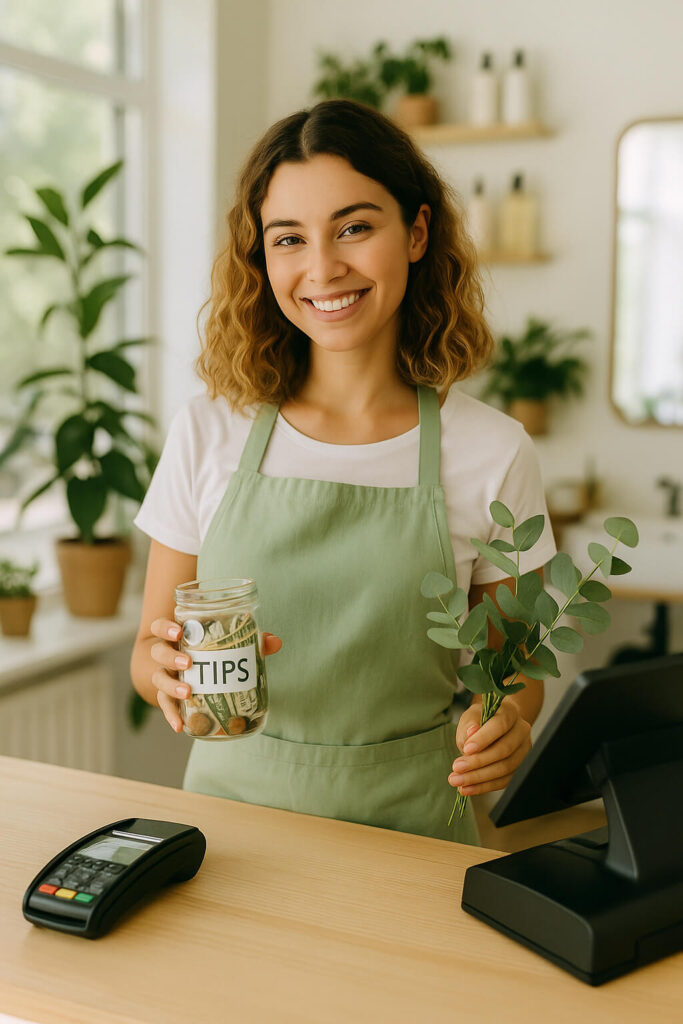 Smiling young woman in a green apron standing in a bright shop, holding a tip jar and a small bouquet, representing service workers who may benefit from new tax credits and understand how their tips affect their modified adjusted gross income.