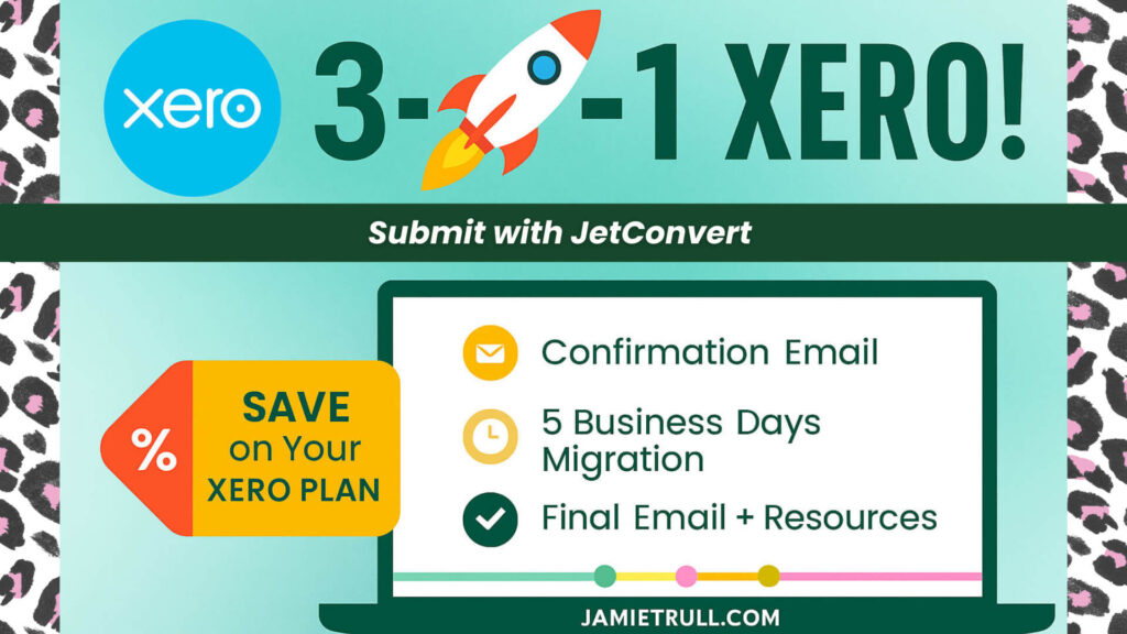 Horizontal banner promoting 3-2-1 Xero migration with JetConvert, showing steps from confirmation to completion. Highlights how to get the best deal on Xero with a xero discount and xero-promo, featuring robust features like expense-tracking, project tracking, and starter plan options for improved financial health.