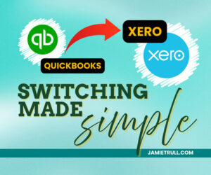 Graphic showing the transition from QuickBooks to Xero with an arrow and text 'Switching Made Simple,' symbolizing moving a QuickBooks file with financial data and addressing inactive accounts during conversion.