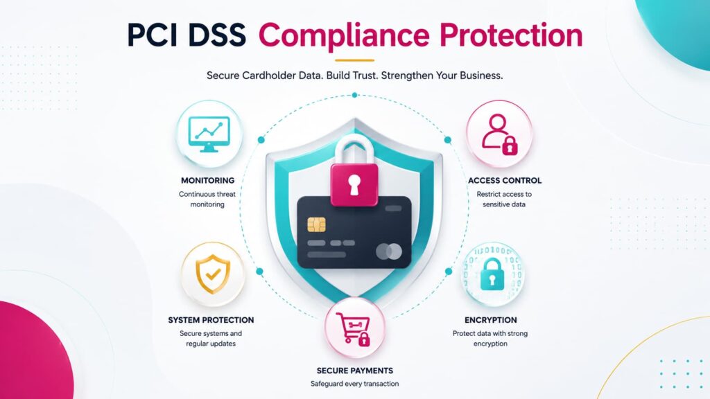 PCI DSS compliance protection graphic showing a secured credit card inside a shield with monitoring, access control, encryption, and secure payment icons to validate PCI compliance, protect customer data, and follow Security Standards Council PCI guidance.