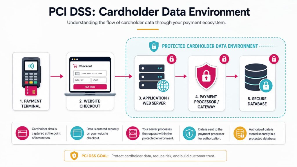 PCI DSS cardholder data environment diagram showing payment terminals, website checkout, web servers, payment processor, and secure database for safely transmitting cardholder data, protecting sensitive authentication data, and meeting PCI SSC standards.
