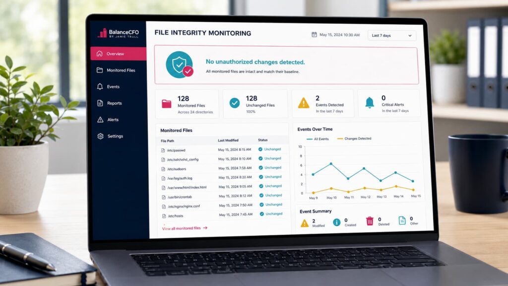 File integrity monitoring dashboard showing monitored files, alert summaries, and secure status checks for monitoring PCI compliance violations, identifying security vulnerabilities, and preventing unauthorized users from gaining access.
