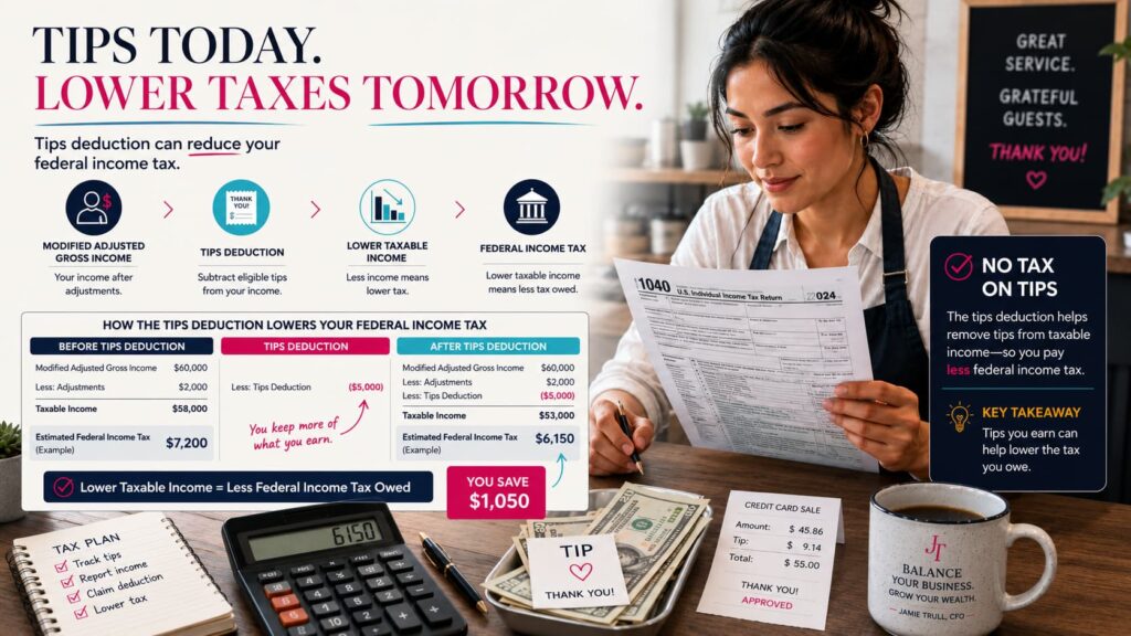 No tax on tips blog graphic explaining how a tips deduction may reduce taxable income and help workers ease what they owe federal income tax wise.
