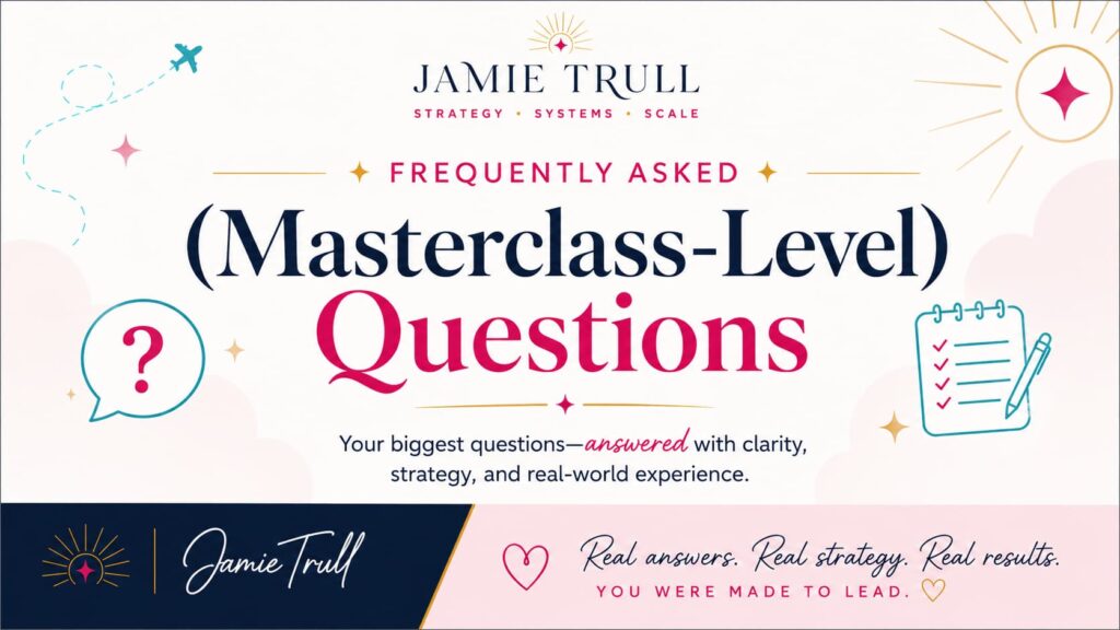 Jamie Trull branded horizontal FAQ banner titled “Frequently Asked (Masterclass-Level) Questions,” designed for a blog section about improving financial health through better forecasting. The graphic introduces questions about operating expenses, market trends, historical data, and historical sales data in a polished, strategy-focused style.