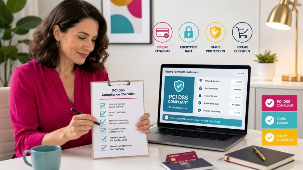 Small business owner reviewing a PCI DSS compliance checklist beside a secure payments dashboard, showing how a qualified security assessor can help businesses avoid storing cardholder data improperly and follow Standards Council PCI SSC guidance.