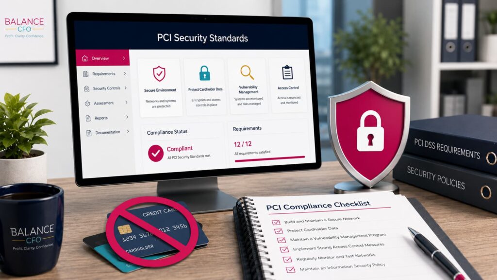 PCI Security Standards workspace with dashboard, security shield, and checklist showing PCI compliance requirements, access-logs system components, and tools to test security systems for secure payment processing.
