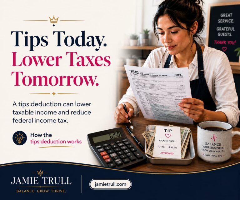Restaurant owner reviewing tax forms and tip receipts with Jamie Trull branding, showing how a tax on tips tax refund may affect federal payroll taxes and taxable income.