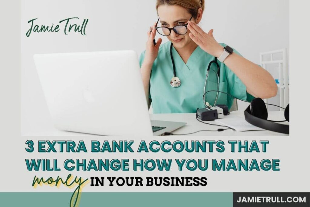 Business owner reviewing finances on a laptop using the Profit First method with a money management platform to organize bank accounts.”