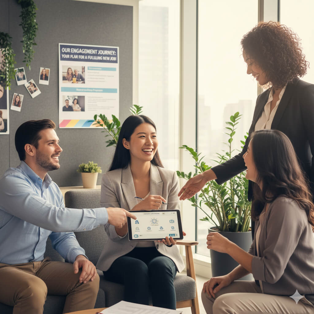A hiring manager introduces employees during a meeting focused on employee engagement and excitement about a new job, as the team smiles, shares ideas on a tablet, and builds positive connections in a bright, welcoming office.