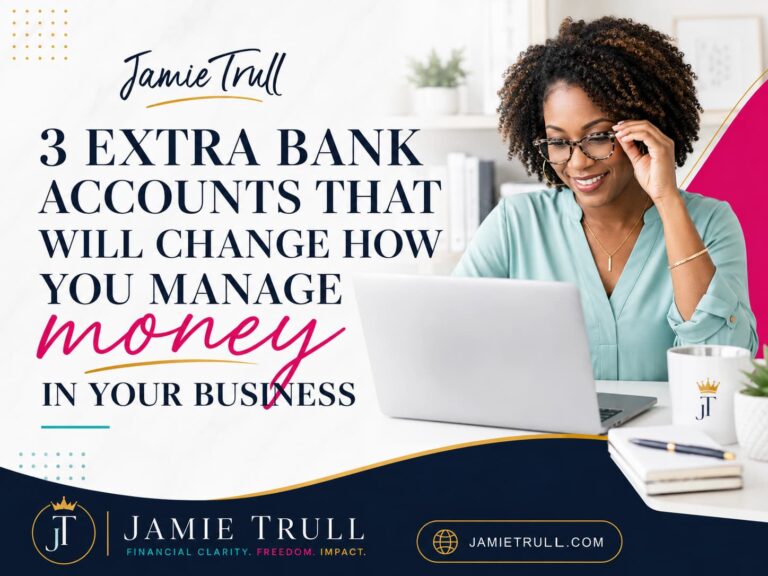 Blog header about using extra bank accounts to manage business money, featuring a Black woman entrepreneur working on a laptop in Jamie Trull’s brand colors.