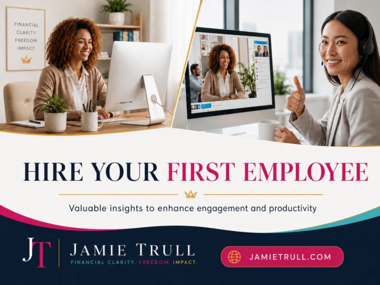 Remote hiring themed blog header showing a small business owner on a video call with a new team member, with Jamie Trull branding and the headline “Hire Your First Employee.”