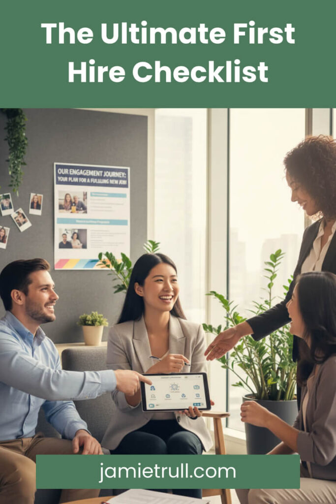 Team welcoming a new employee during onboarding meeting — smiling professionals shaking hands with text ‘The Ultimate First Hire Checklist’ from jamietrull.com.