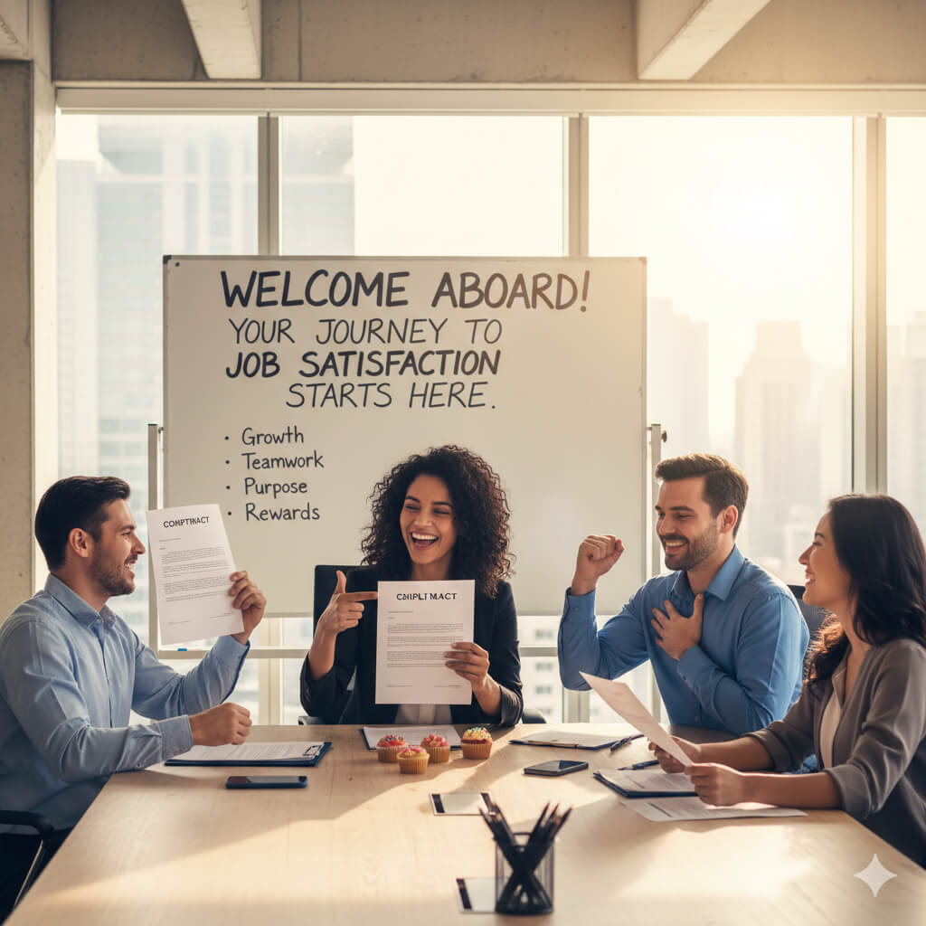 Team members celebrate employee satisfaction during an onboarding meeting, smiling and holding signed contracts in front of a whiteboard that reads “Welcome Aboard! Your Journey to Job Satisfaction Starts Here,” symbolizing teamwork and enthusiasm.